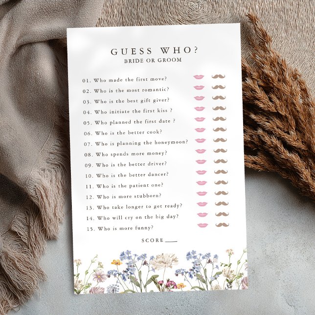 Papier Jeu de Fête des mariées du jardin du Fleur sauvage (Spring Wildflower Meadow Garden Bridal Shower Game guess who? bride or groom)