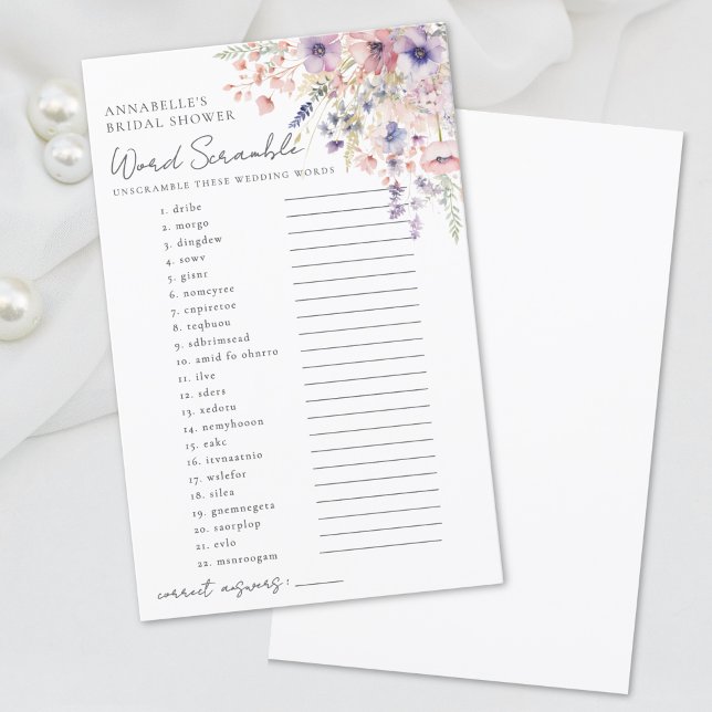 Papier Jeu de Fête des mariées Fleur sauvage Word Scrambl (Word Scramble Wildflower Bridal Shower Game)