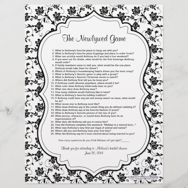 Papier Jeu de Fête des mariées Floral Blanc Noir (Devant)