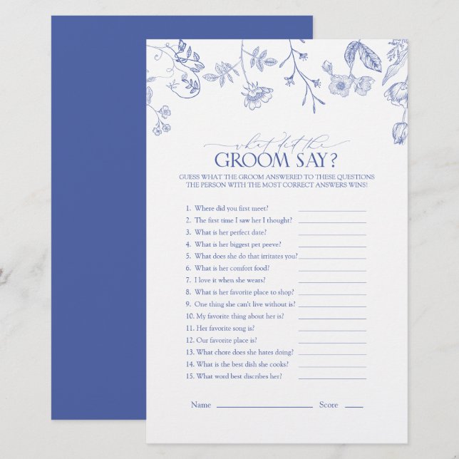 Papier Jeu de Fête des mariées Florale Bleu & Blanc Franç (Devant / Derrière)