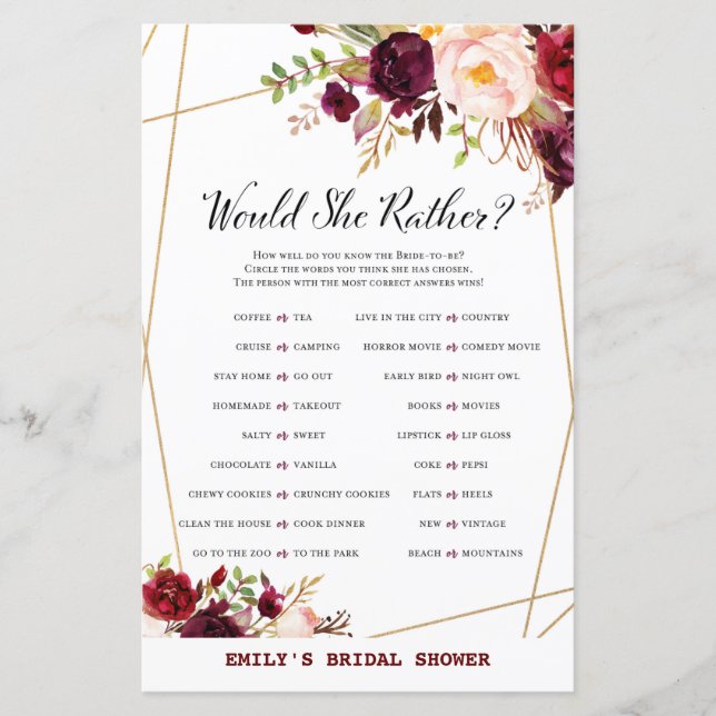 Papier Jeu de Fête des mariées Florale de Bourgogne, Wedd (Devant)