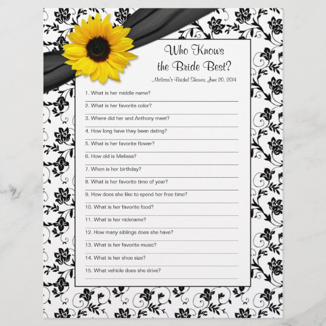 Papier Jeu de Fête des mariées florale jaune tournesol no (Devant)
