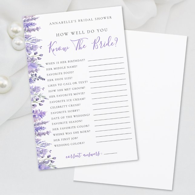 Papier Jeu de Fête des mariées florale Lavender (Lavender Floral Bridal Shower Game)