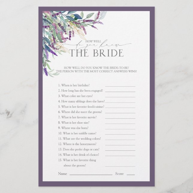 Papier Jeu de Fête des mariées florale Lavender Watercolo (Devant)