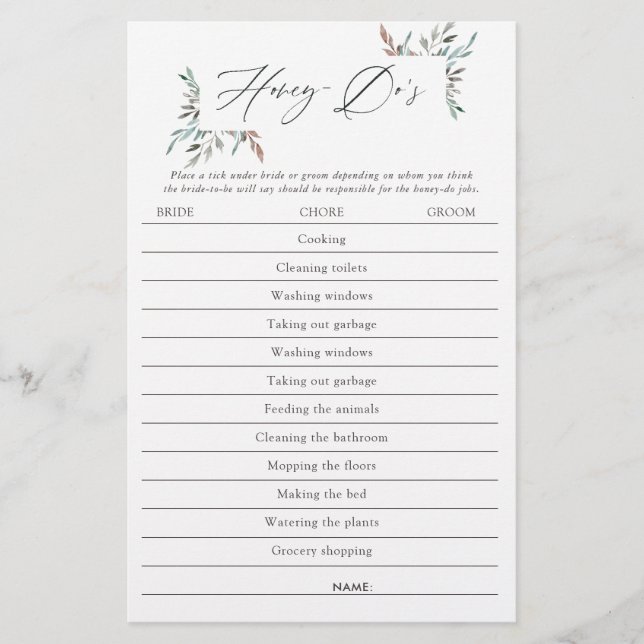 Papier Jeu de Honey-Do pour Mariage Rustique avec Verdure (Devant)