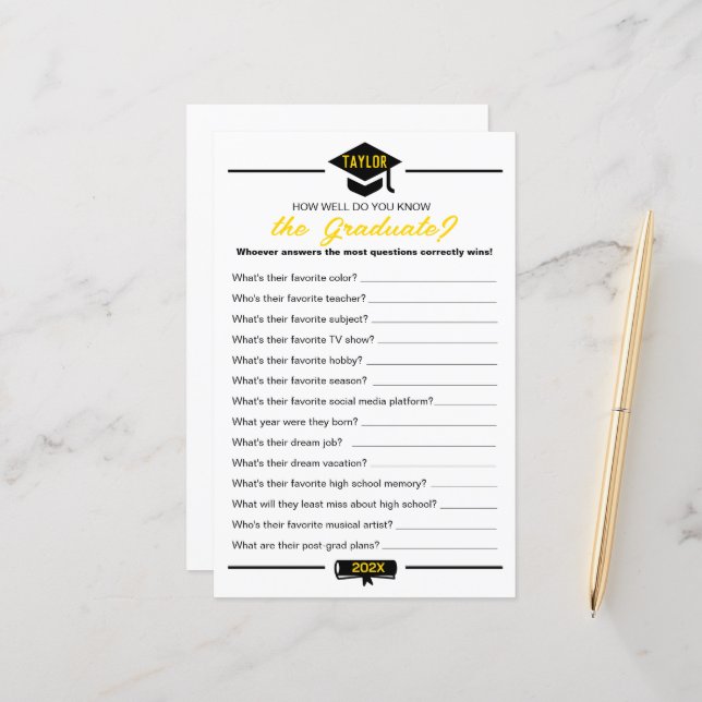 Papier Jeu de la fête de diplôme - Comment Bien Savez-Vou (Devant/Arrière en situation)