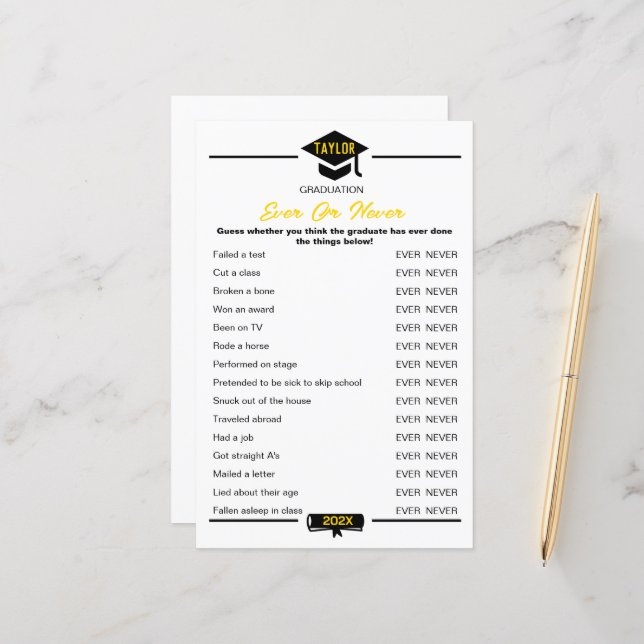 Papier Jeu de la fête de graduation - Jamais ou jamais (Devant/Arrière en situation)