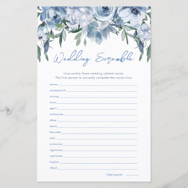 Papier Jeu de mariage Dusty Blue Wedding Scramble Baby Sh (Devant)