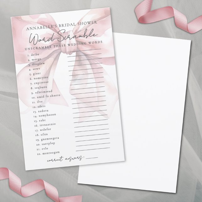 Papier Jeu de mariage Rose éblouissant Mots mêlés Cérémon (Word Scramble Blush Pink Bow Bridal Shower Game)