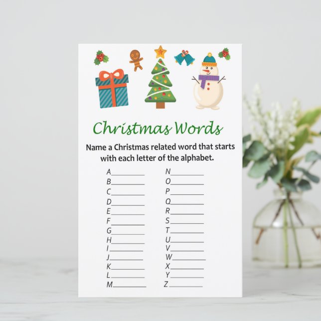 Papier Jeu de mots d'alphabet de Noël bonhomme de neige (Debout devant)