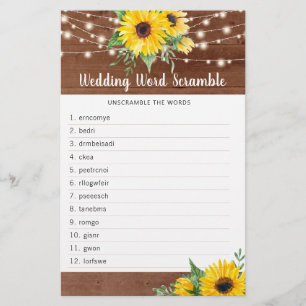 Papier Jeu de mots de Fête des mariées Rustic Sunflower L