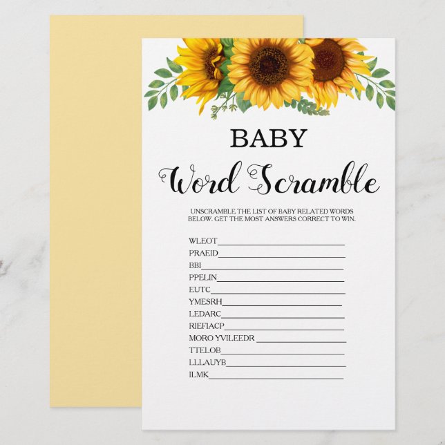 Papier Jeu de mots mêlés Baby Shower Tournesol (Devant / Derrière)