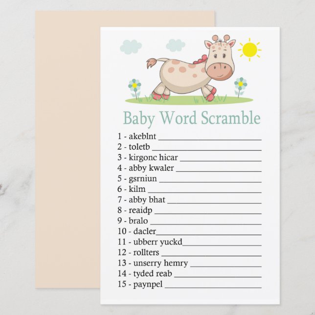 Papier Jeu de mots mêlés Bébé girafe (Devant / Derrière)