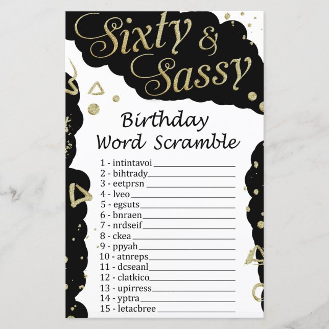 Papier Jeu de mots mêlés pour anniversaire soixante et pi (Devant)