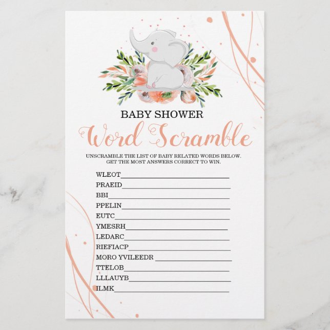 Papier Jeu de mots mêlés pour Baby Shower Fille aux corau (Devant)