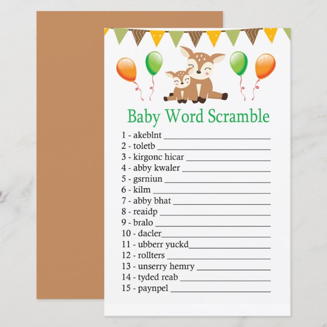 Papier Jeu de mots mêlés pour bébé faon mignon (Devant / Derrière)