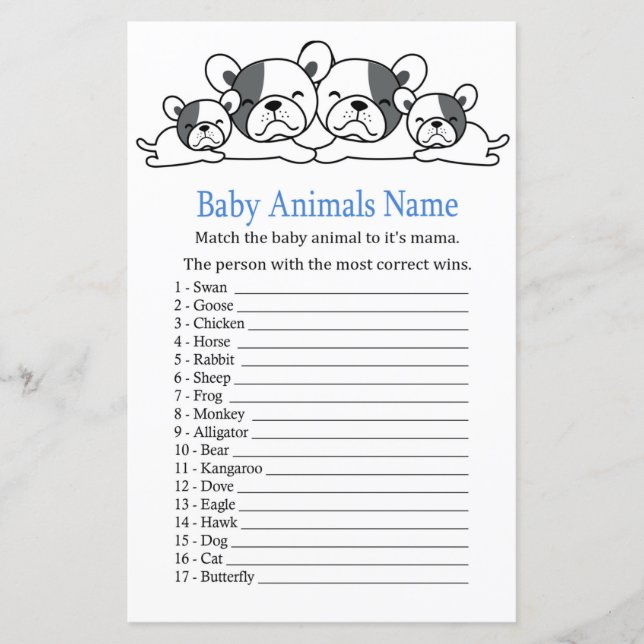 Papier Jeu de nom d'animaux bébé Bouledogue (Devant)