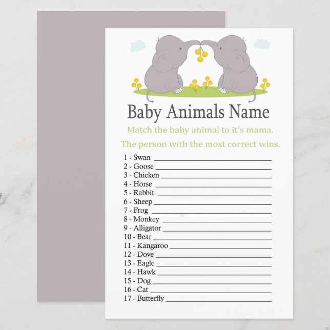 Papier Jeu de nom d'animaux bébé éléphant (Devant / Derrière)