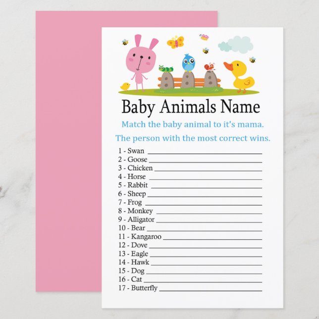 Papier Jeu de nom d'animaux bébé lapin drôle rose (Devant / Derrière)