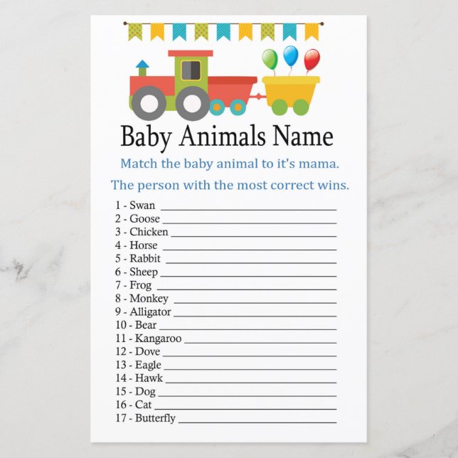 Papier Jeu de nom d'animaux bébé train jouet (Devant)