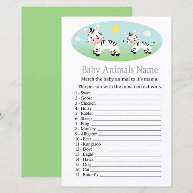 Papier Jeu de nom d'animaux bébé zèbre (Devant / Derrière)