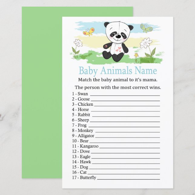 Papier Jeu de noms d'animaux bébé panda bébé (Devant / Derrière)