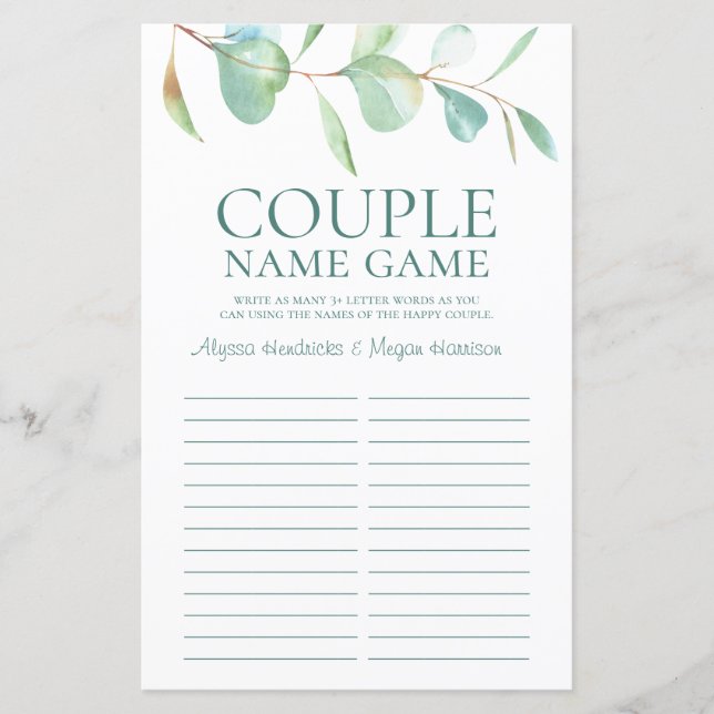 Papier Jeu de noms de couple LGBTQ Eucalyptus (Devant)
