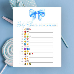 Papier jeu de Pictionary baby shower avec un ruban bleu e
