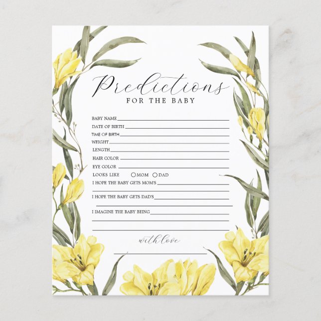 Papier Jeu de prédiction Baby shower des fleurs vertes (Devant)