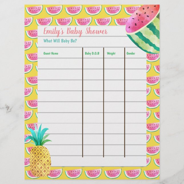 Papier Jeu de prédiction de baby shower - Fruity Tropical (Devant)