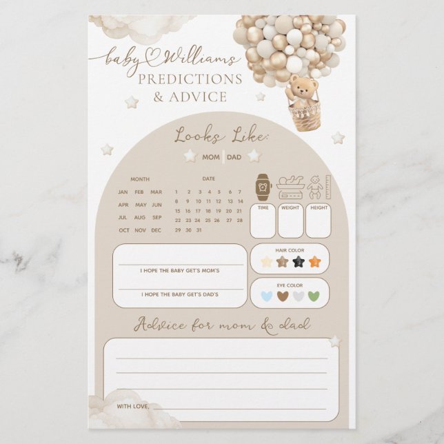 Papier Jeu de prédiction du Baby shower neutre pour l'our (Devant)