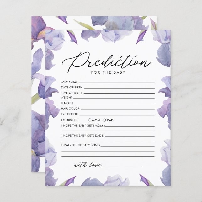 Papier Jeu de prédiction florale aquarelle Iris pour bébé (Devant / Derrière)