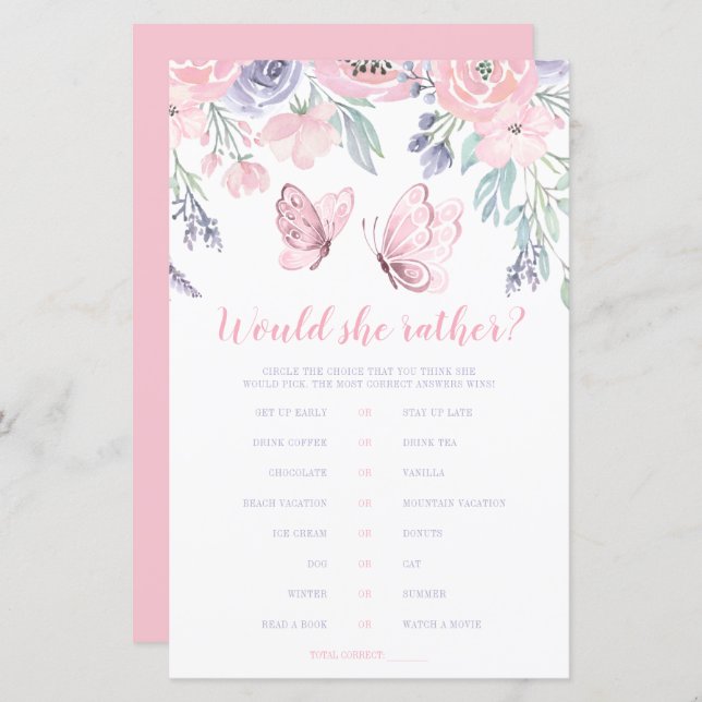 Papier Jeu de questions « Would She Rather » papillon flo (Devant / Derrière)