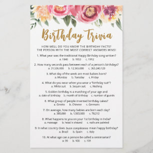 Papier Jeu de quiz d'anniversaire avec réponses Fête d'an