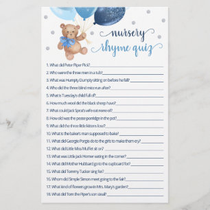 Papier Jeu de quiz de comptine pour Baby Shower Teddy Bea