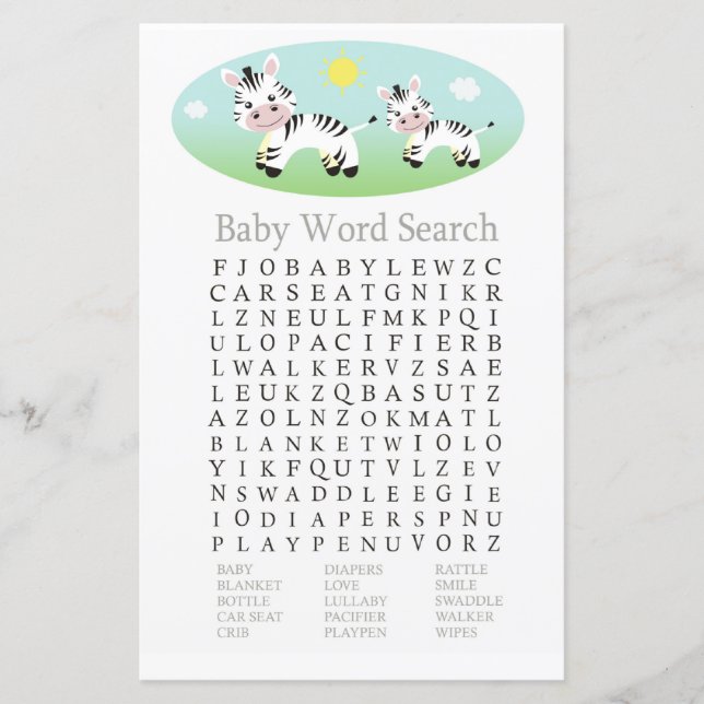 Papier Jeu de recherche Baby shower de mots Zebra (Devant)