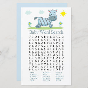 Papier Jeu de recherche Baby shower de mots Zebra