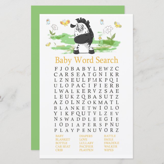 Papier Jeu de recherche Baby shower de mots Zebra (Devant / Derrière)