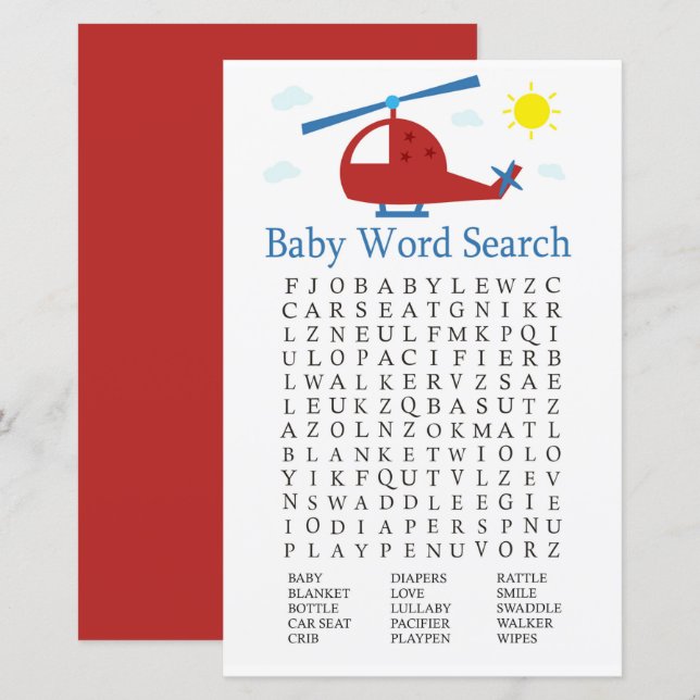 Papier Jeu de recherche Baby shower Word de l'hélicoptère (Devant / Derrière)