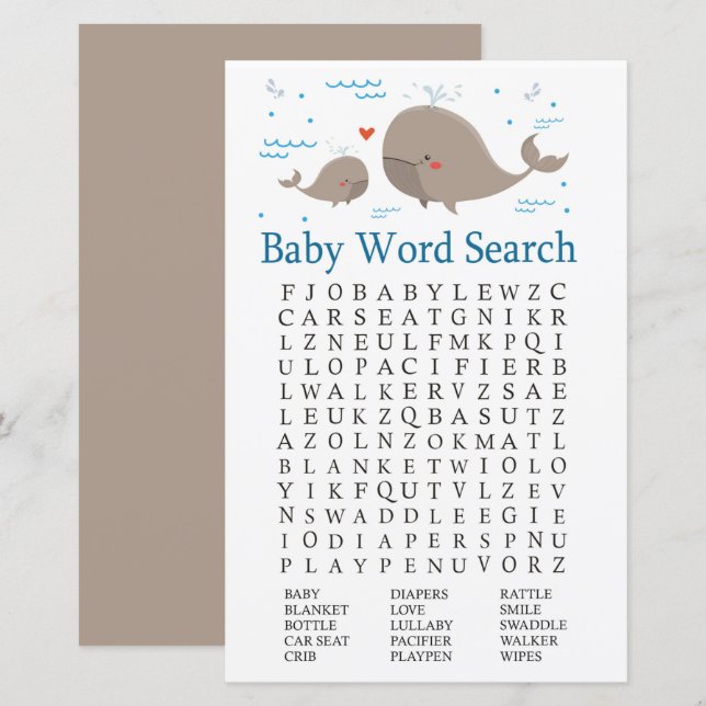 Papier Jeu de recherche de Baby showers de baleines (Devant / Derrière)