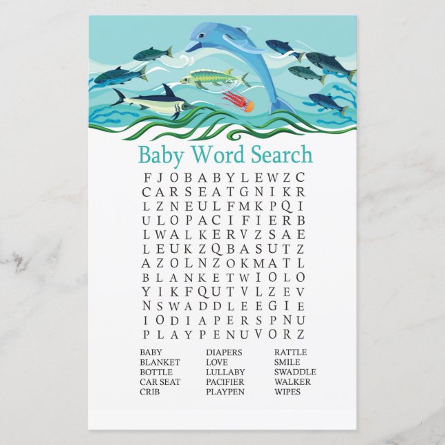 Papier Jeu de recherche de mot Baby shower dauphin (Devant)