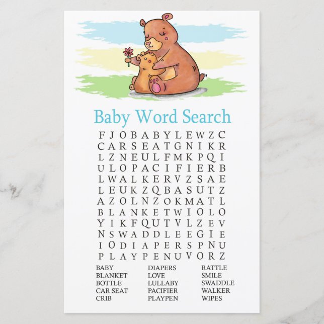 Papier Jeu de recherche de mot Baby shower d'ours (Devant)