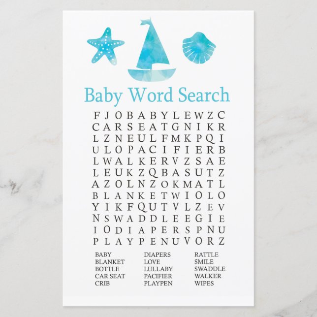 Papier Jeu de recherche de mot Baby shower nautique (Devant)
