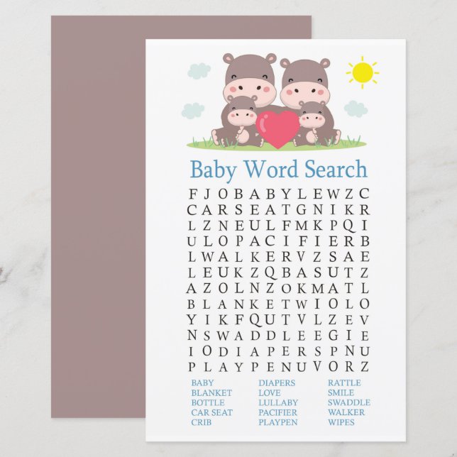 Papier Jeu de recherche de mot de Baby shower hippo famil (Devant / Derrière)