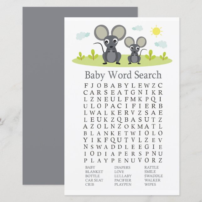 Papier Jeu de recherche de mot de Baby shower souris (Devant / Derrière)