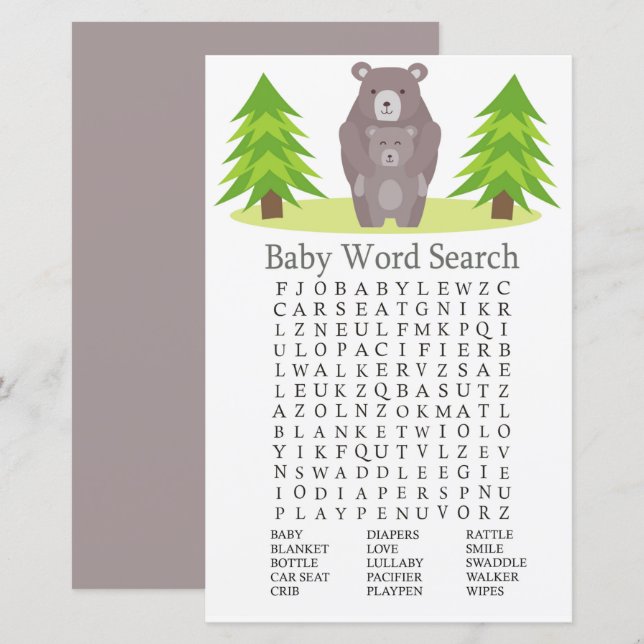 Papier Jeu de recherche de mot sur le Baby shower de l'ou (Devant / Derrière)
