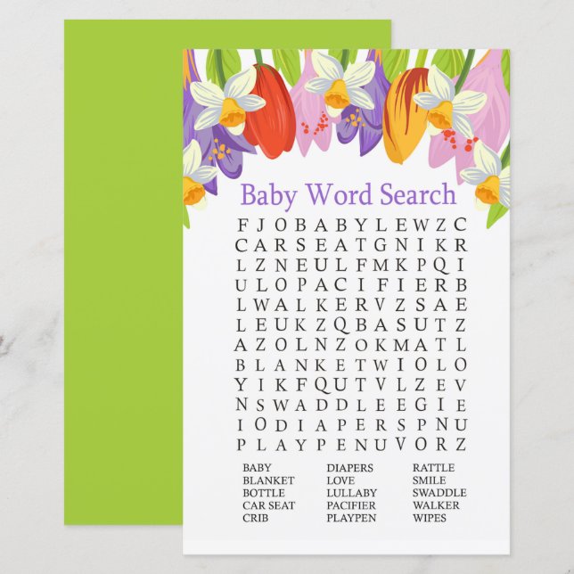 Papier Jeu de recherche de mots Baby shower Tulip (Devant / Derrière)