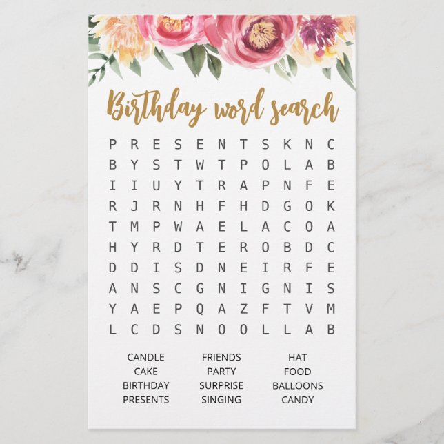 Papier Jeu de recherche de mots d'anniversaire Fête d'ann (Devant)