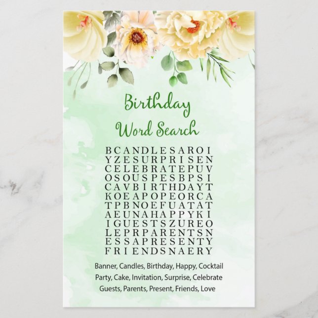 Papier Jeu de recherche de mots d'anniversaire floral (Devant)