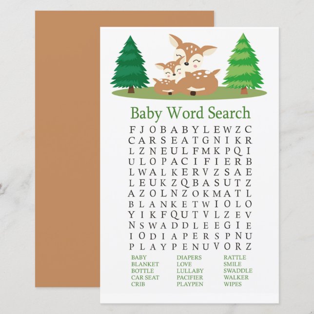 Papier Jeu de recherche de mots de Baby shower de cerfs m (Devant / Derrière)